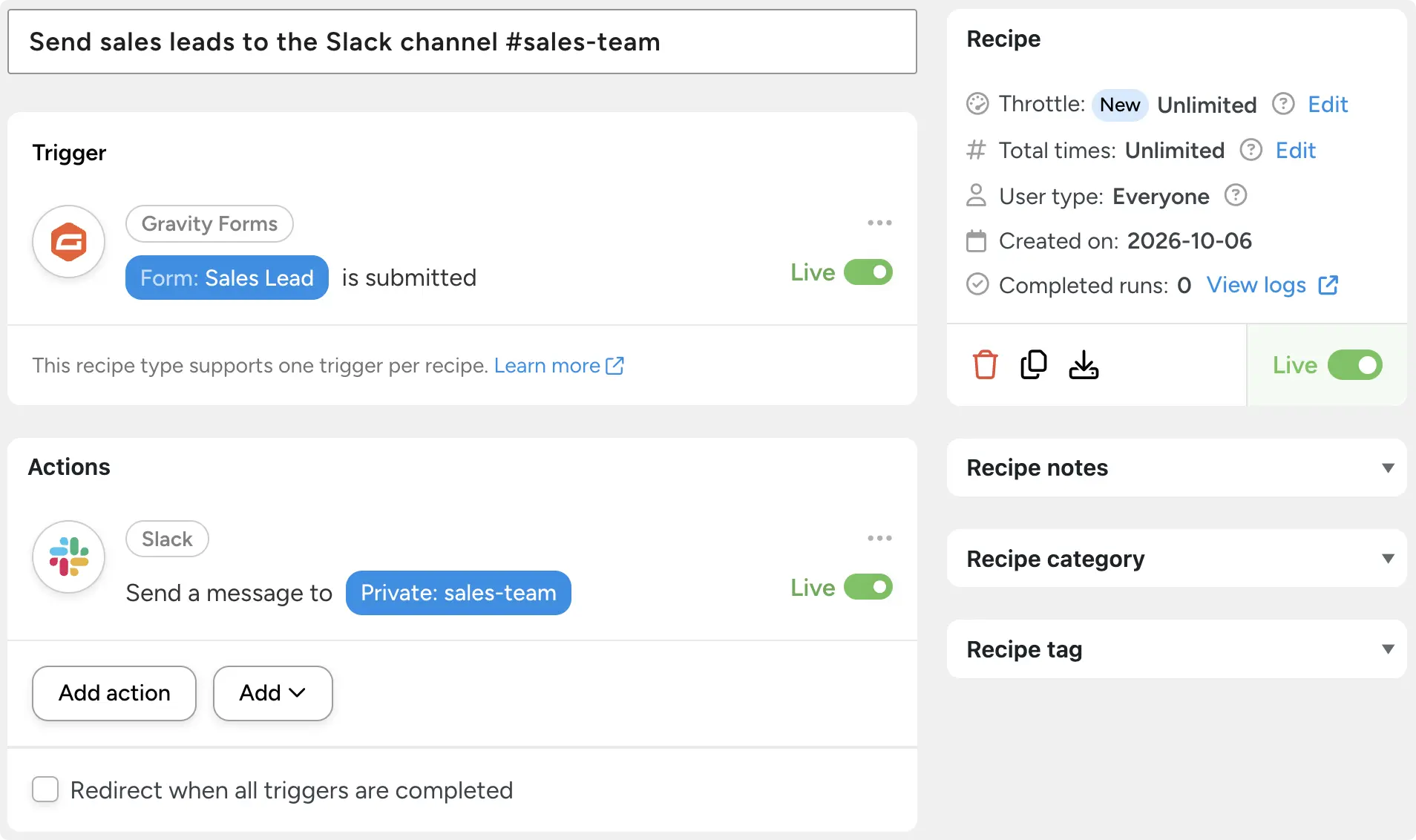 A Gravity Forms automation that posts Sales Lead form submissions to the #sales-team Slack channel, built in Uncanny Automator.