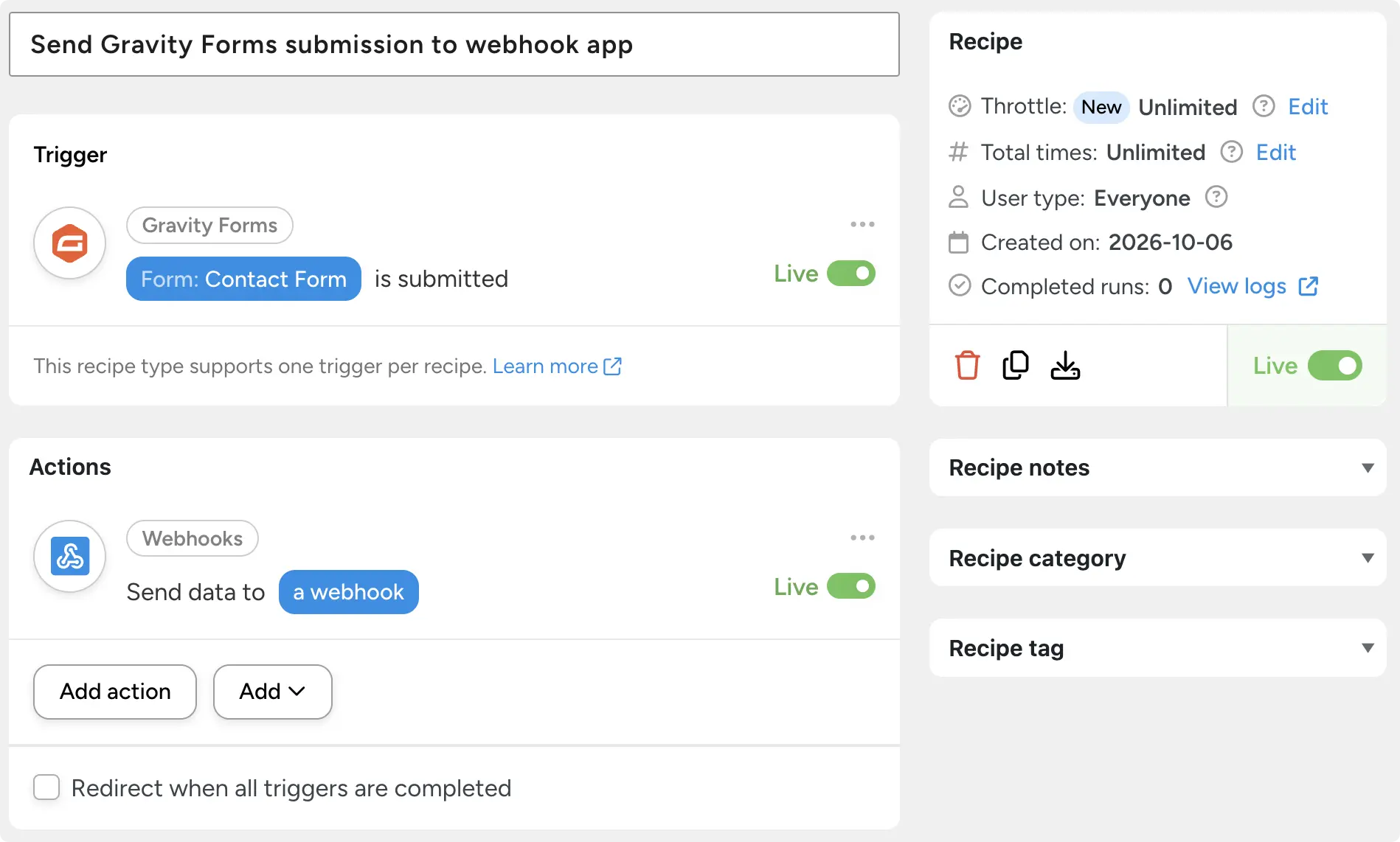 A Gravity Forms automation in Uncanny Automator passing form submission data to an external app via webhook.