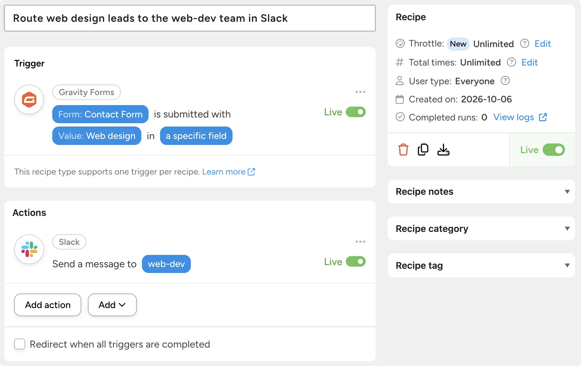 A Gravity Forms automation in Uncanny Automator triggering only when a specific field value is submitted, then alerting a specific channel in Slack.